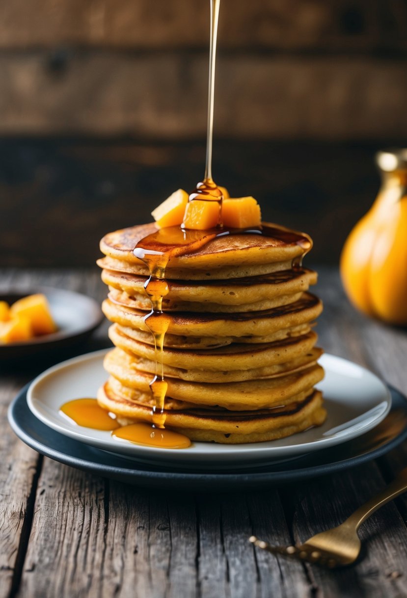 A stack of golden butternut squash pancakes drizzled with maple syrup on a rustic wooden table