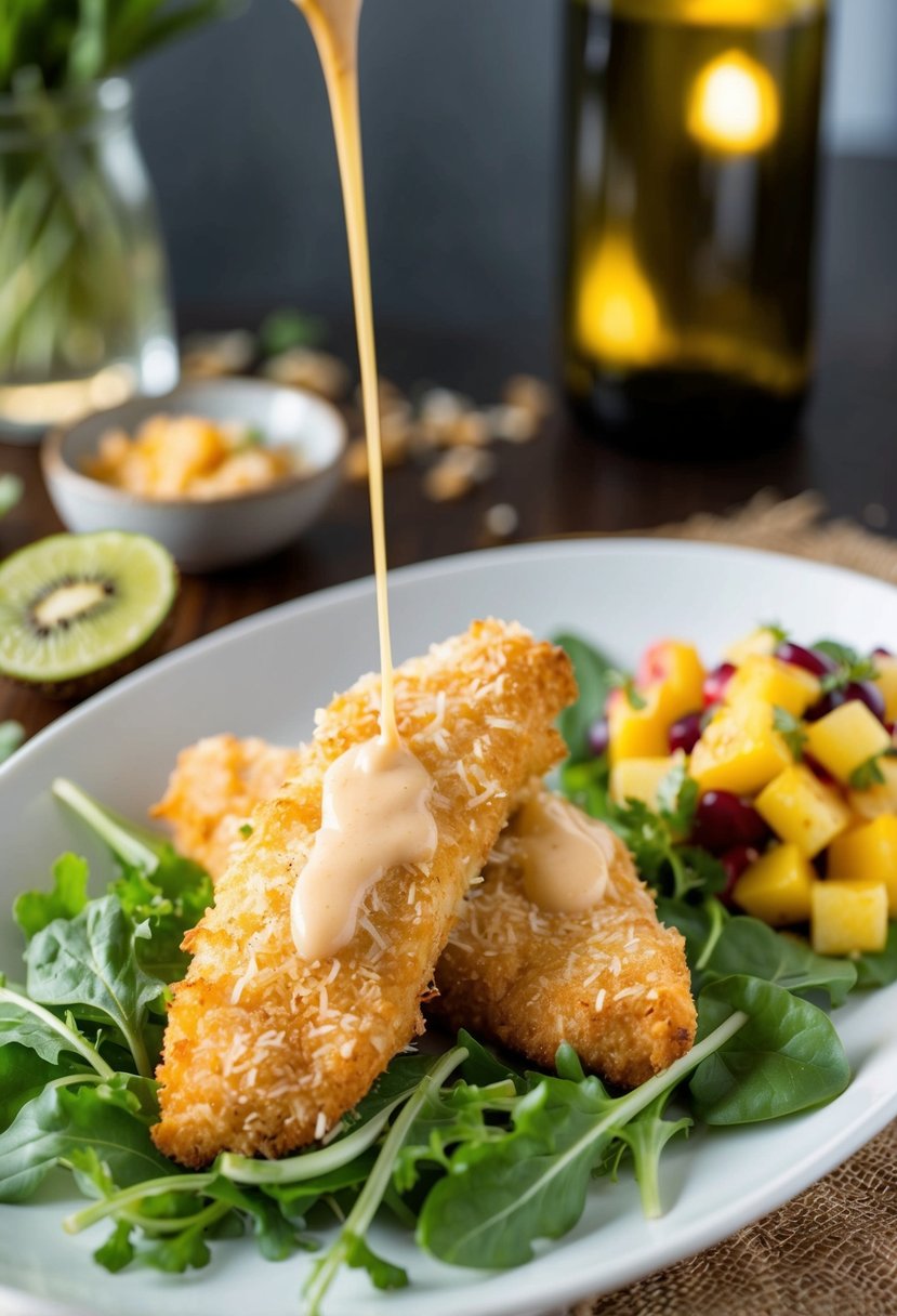 Golden coconut crusted chicken tenderloins on a bed of fresh greens, with a side of tropical fruit salsa and a drizzle of tangy sauce