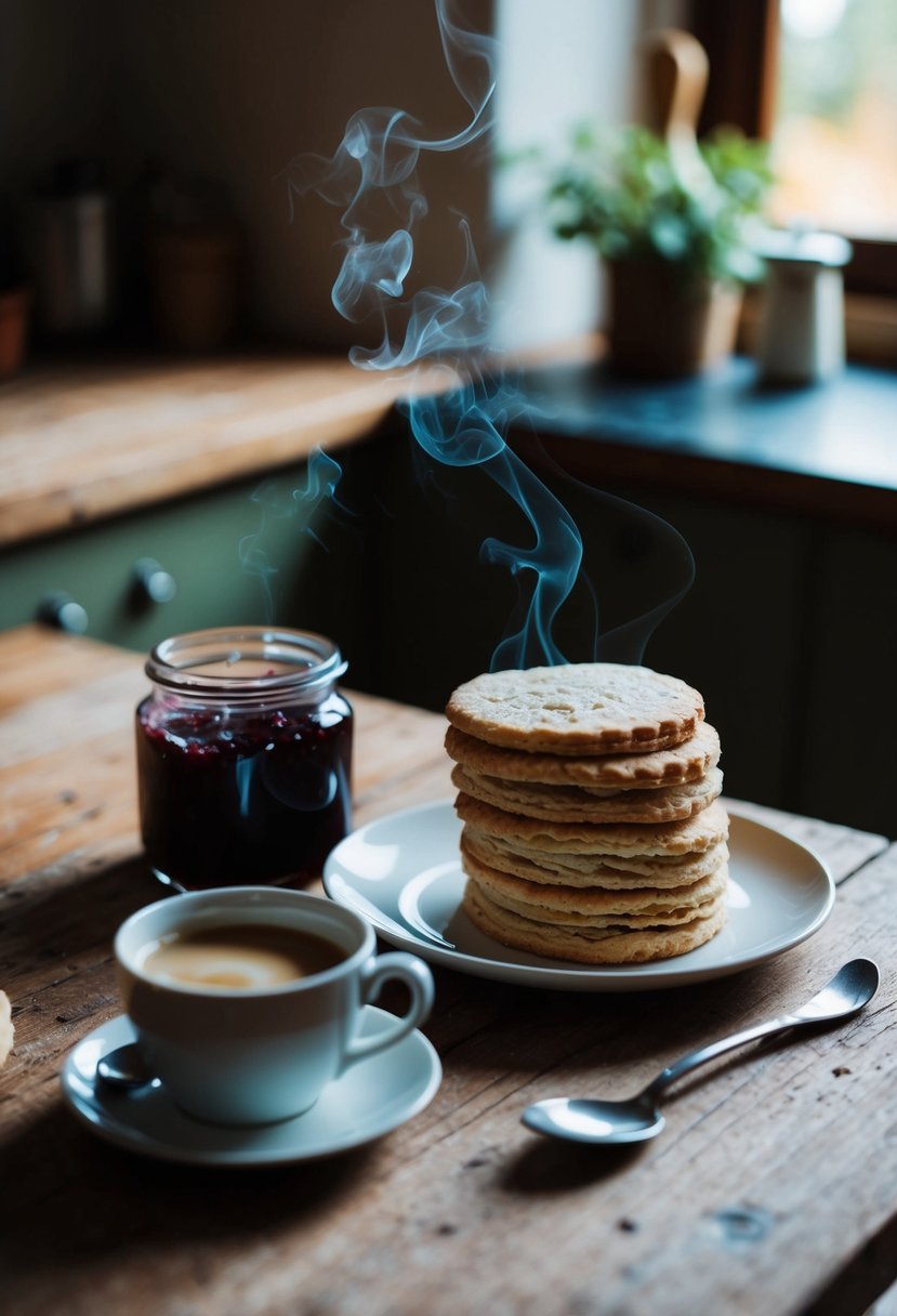 A rustic kitchen table with a plate of flaky layered biscuits, accompanied by a jar of jam and a steaming cup of coffee