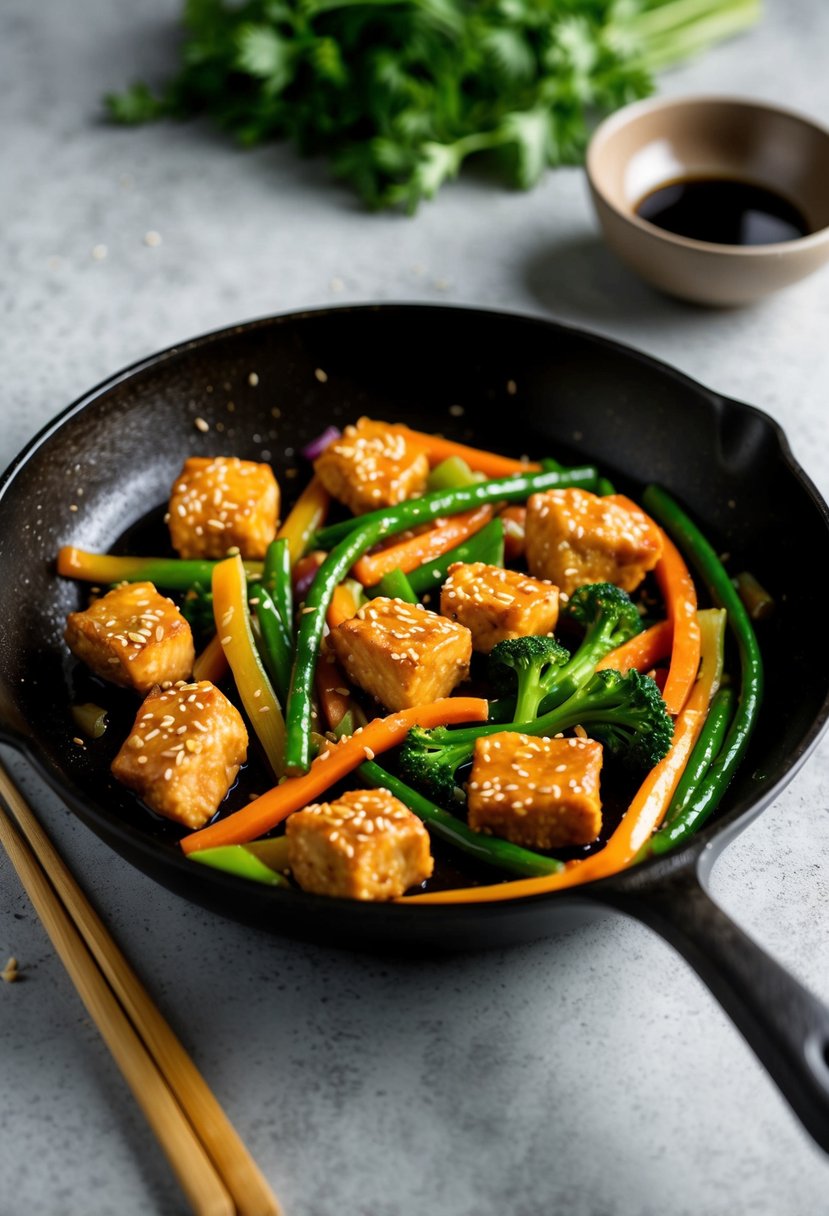 A sizzling skillet with colorful stir-fried vegetables and tender pieces of sesame soy chicken