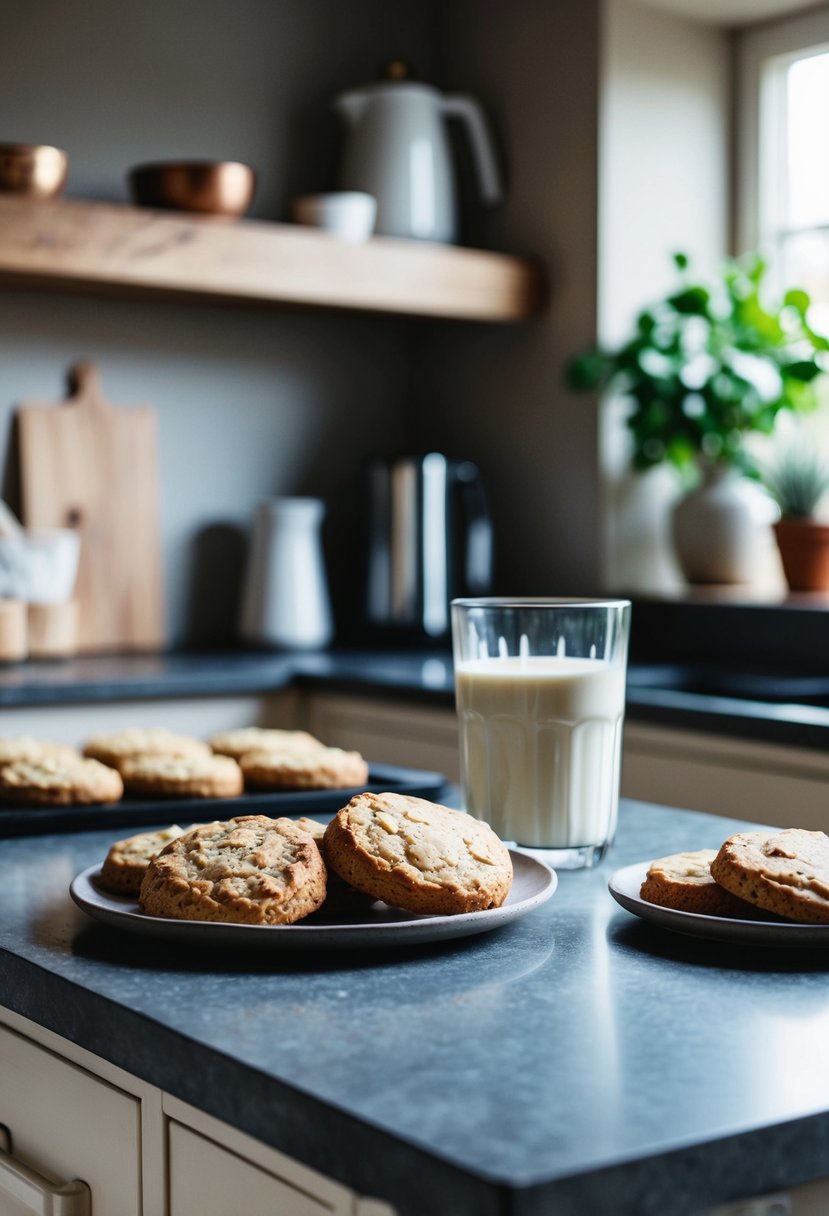 A rustic kitchen counter with freshly baked vegan biscuits and a glass of almond milk