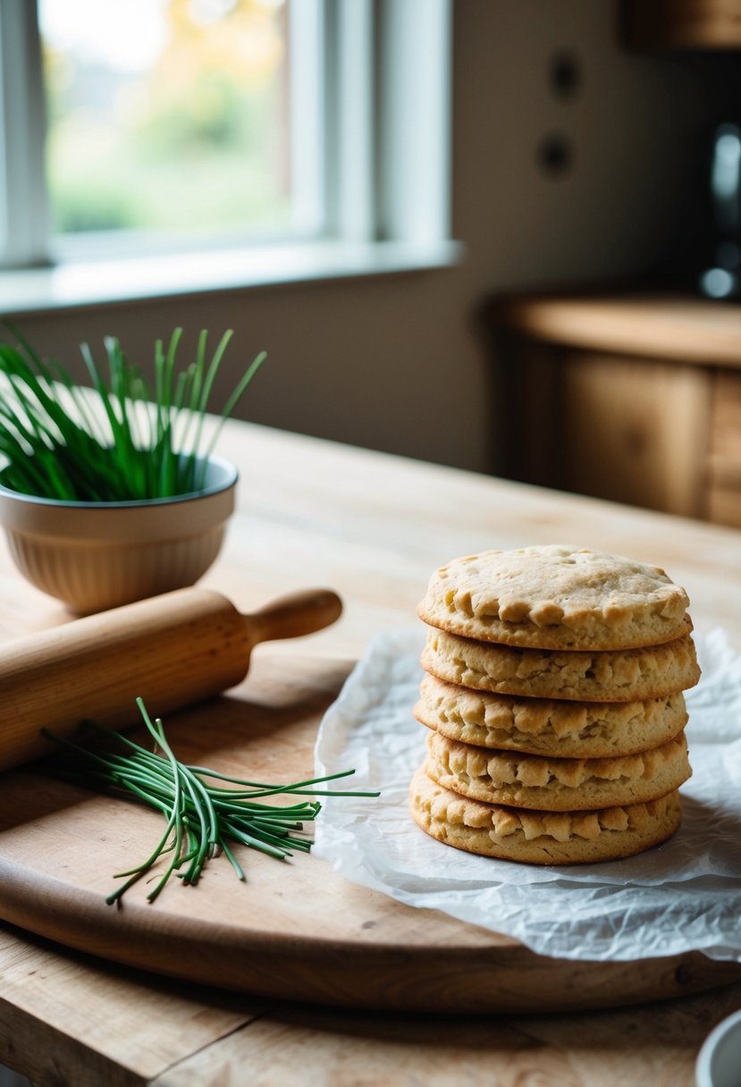 A rustic kitchen table with a wooden cutting board, a rolling pin, and a bowl of fresh chives next to a stack of golden gluten-free biscuits