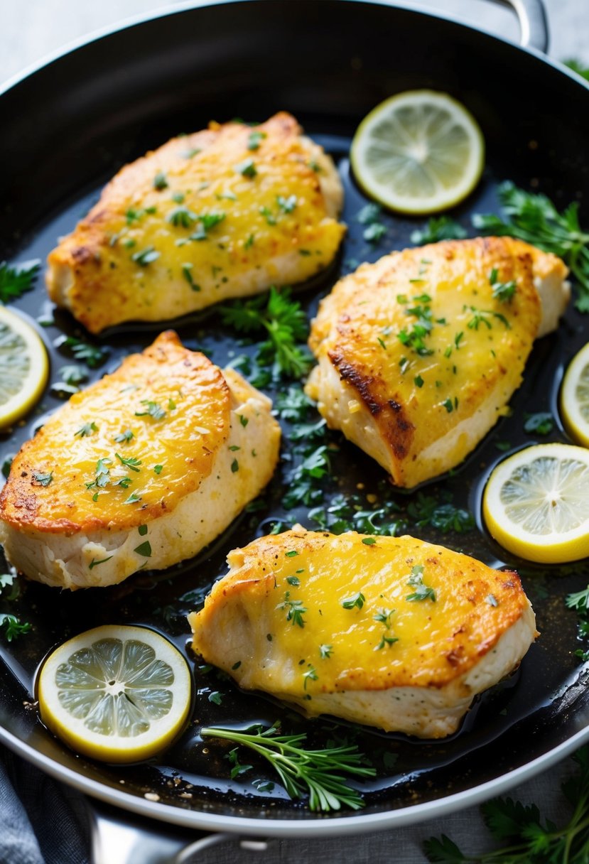 A sizzling skillet of golden-brown garlic butter chicken tenderloins, surrounded by fresh herbs and lemon slices