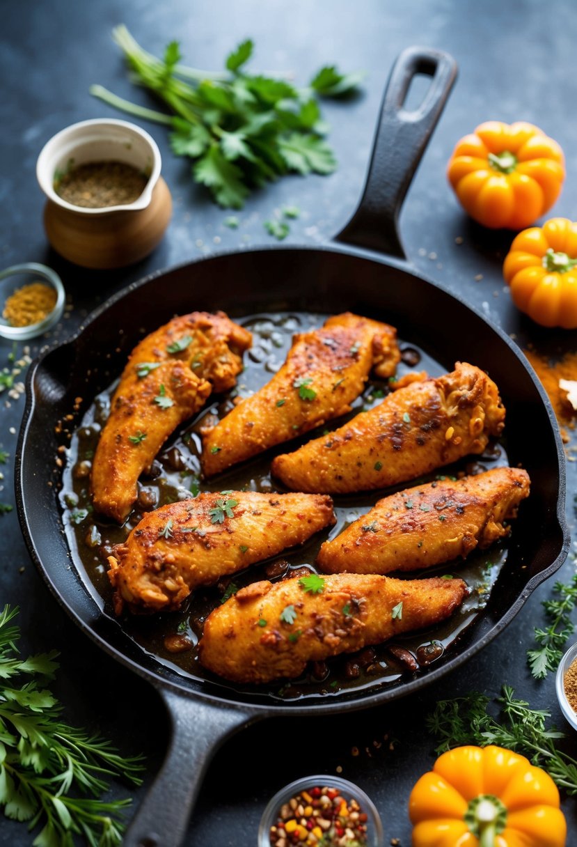 A sizzling skillet of maple chili chicken tenders, surrounded by colorful spices and fresh herbs