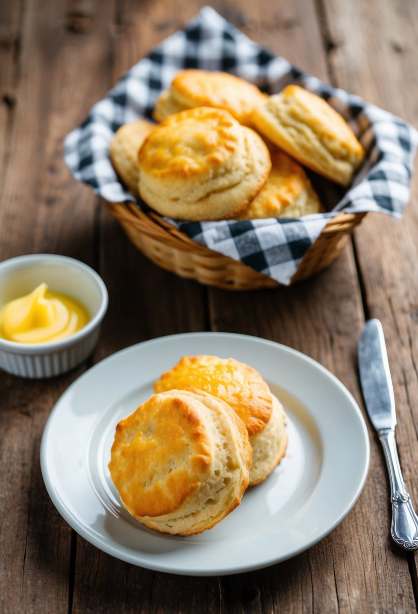 A rustic wooden table with a checkered tablecloth, a basket of warm golden butter biscuits, and a small dish of melted butter