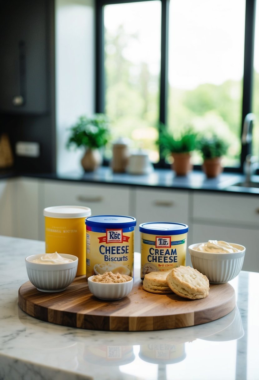 A kitchen counter with ingredients for cream cheese biscuits