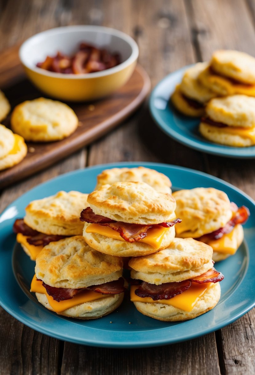 A platter of freshly baked bacon and cheese breakfast biscuits on a rustic wooden table