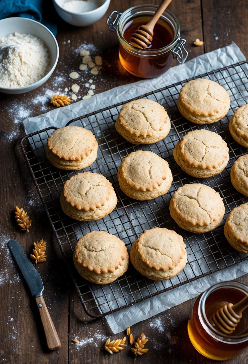 A rustic kitchen table with a batch of whole wheat honey biscuits cooling on a wire rack, surrounded by scattered flour and a jar of honey