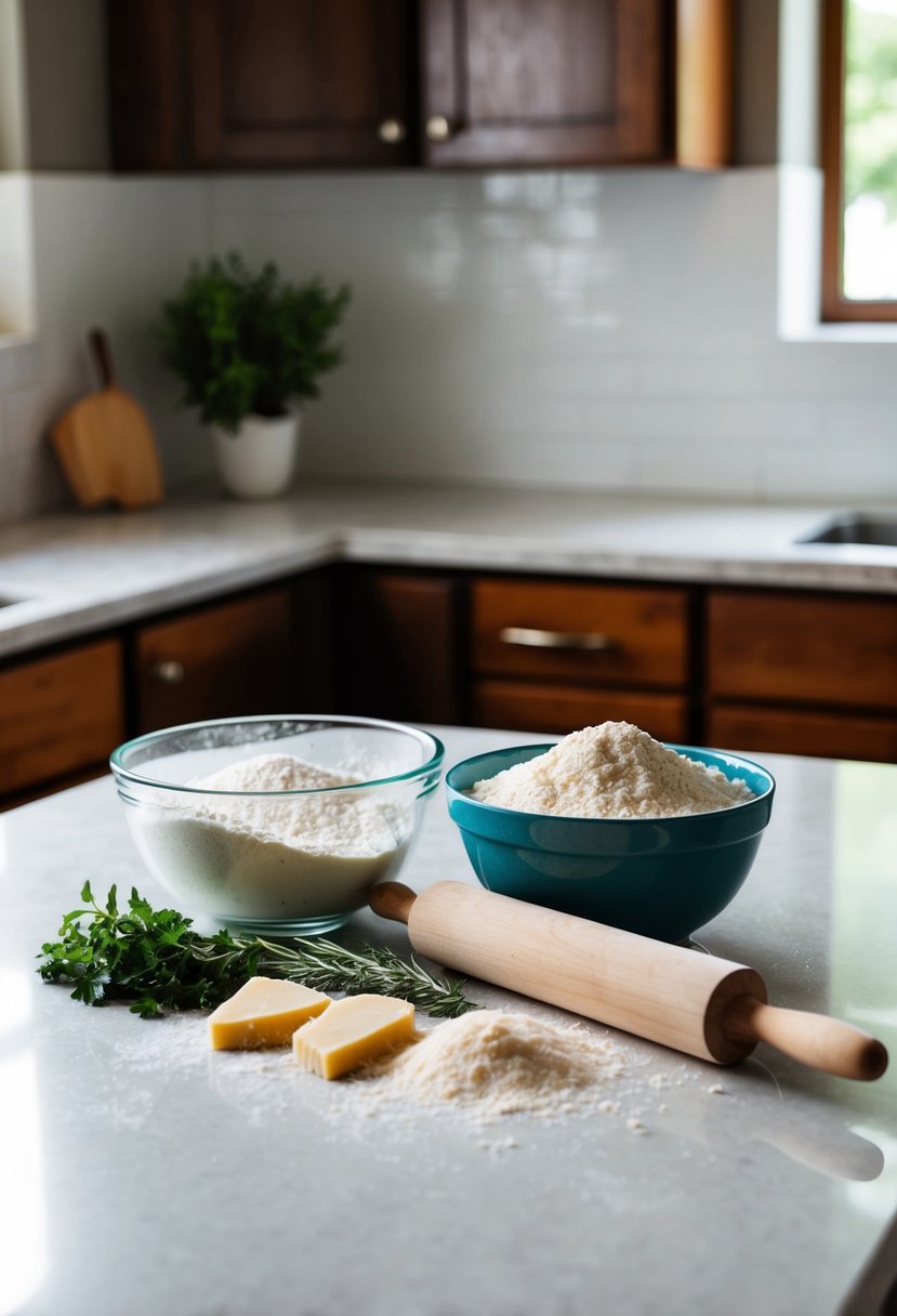 A kitchen counter with a mixing bowl, flour, herbs, parmesan cheese, and a rolling pin