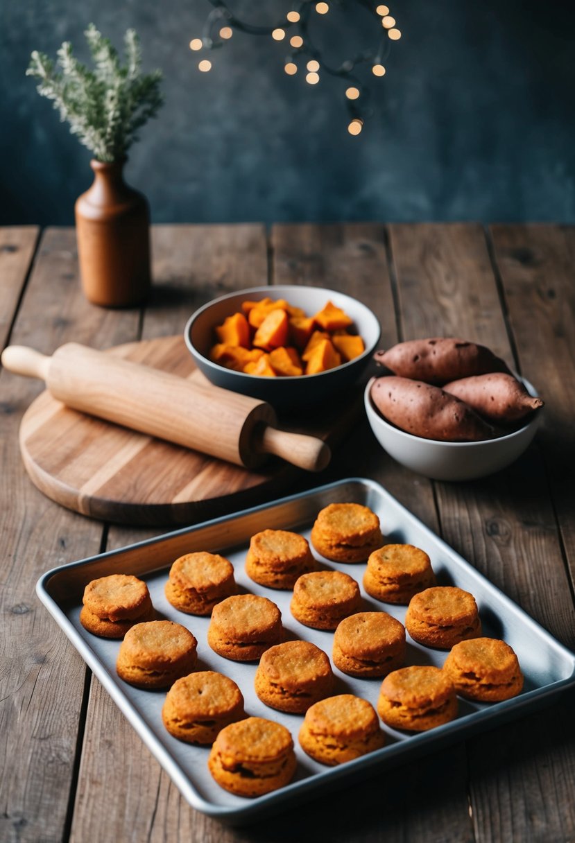 A rustic kitchen with a wooden table, a rolling pin, a bowl of sweet potatoes, and a tray of freshly baked sweet potato biscuits