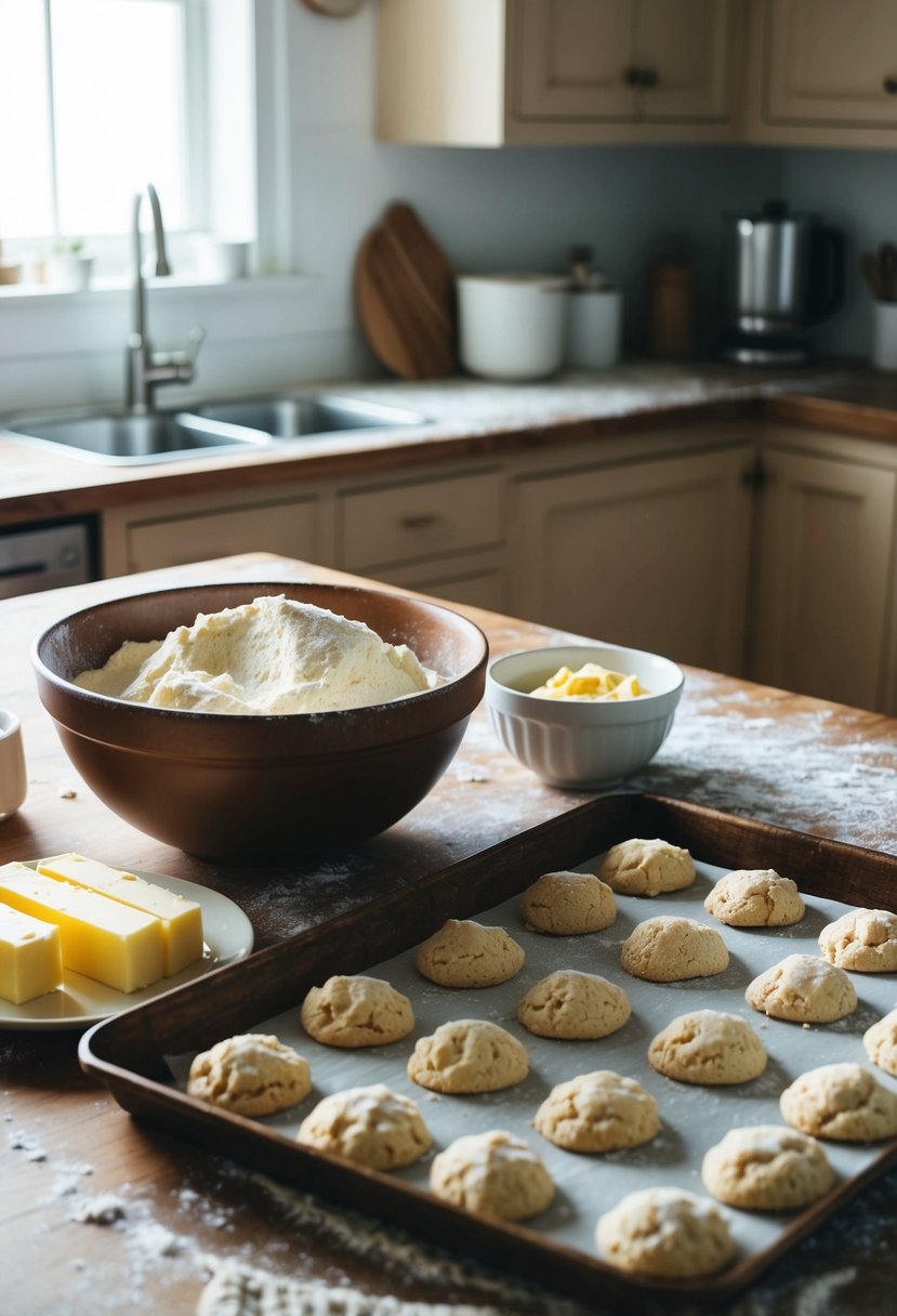 A rustic kitchen with a wooden table covered in flour, butter, and a mixing bowl filled with dough. A tray of freshly baked drop biscuits sits on the counter