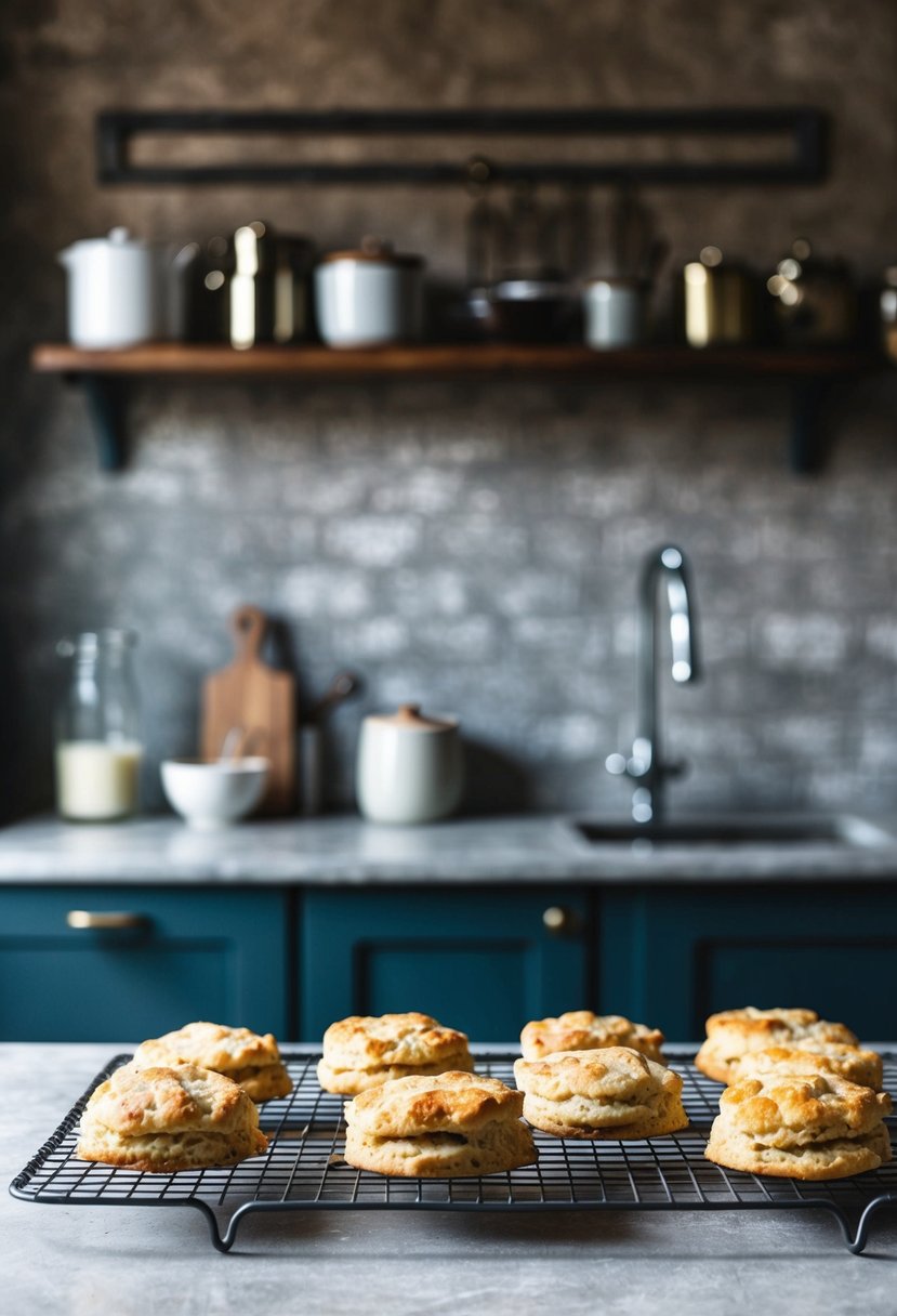 A rustic kitchen counter with fresh cheese and onion biscuits cooling on a wire rack