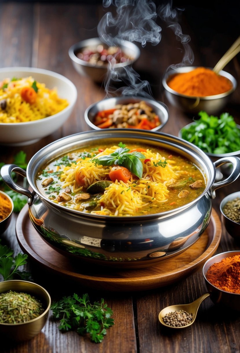 A steaming pot of biryani surrounded by colorful spices and herbs on a wooden table