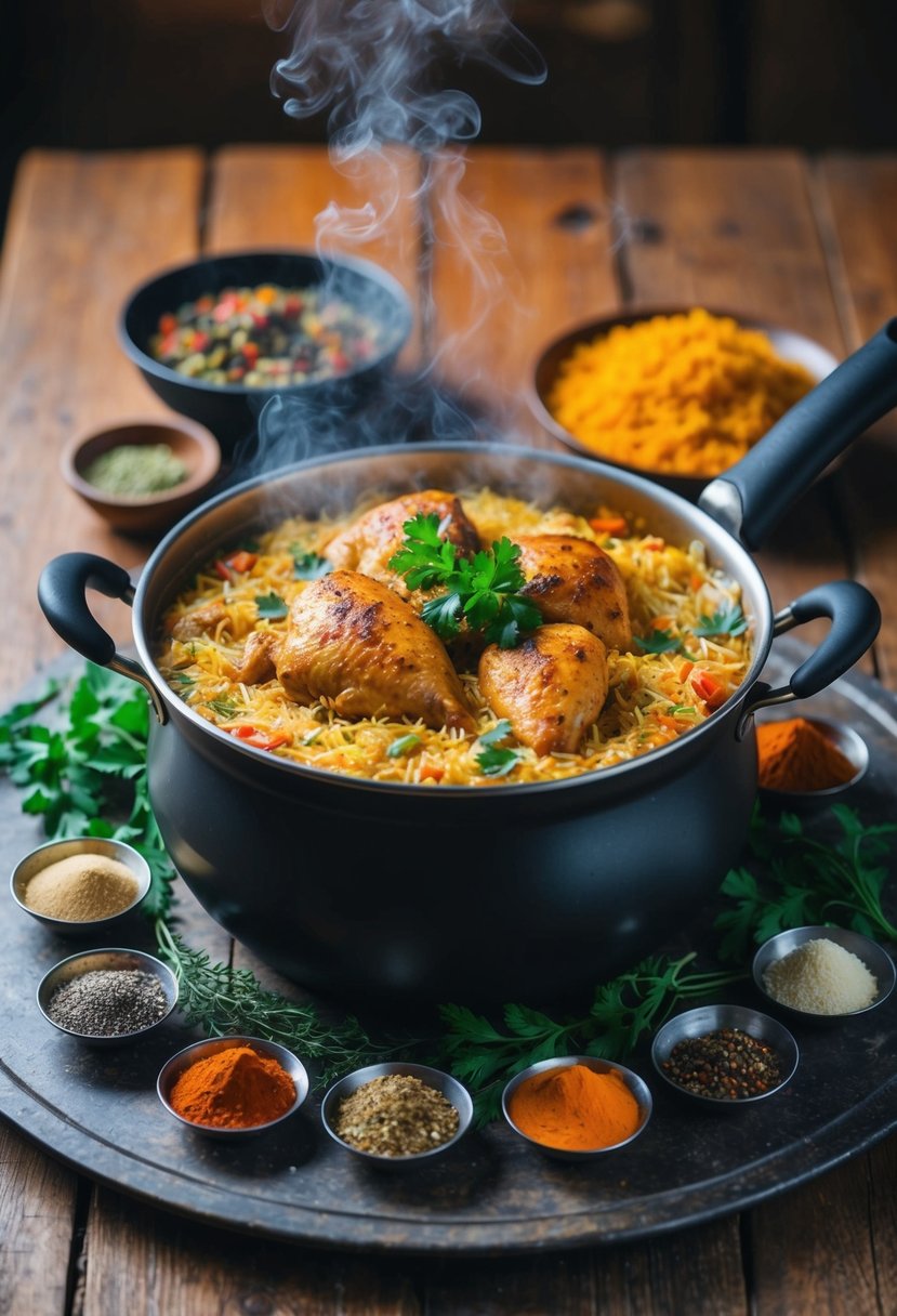 A steaming pot of aromatic chicken biryani surrounded by colorful spices and herbs on a rustic wooden table