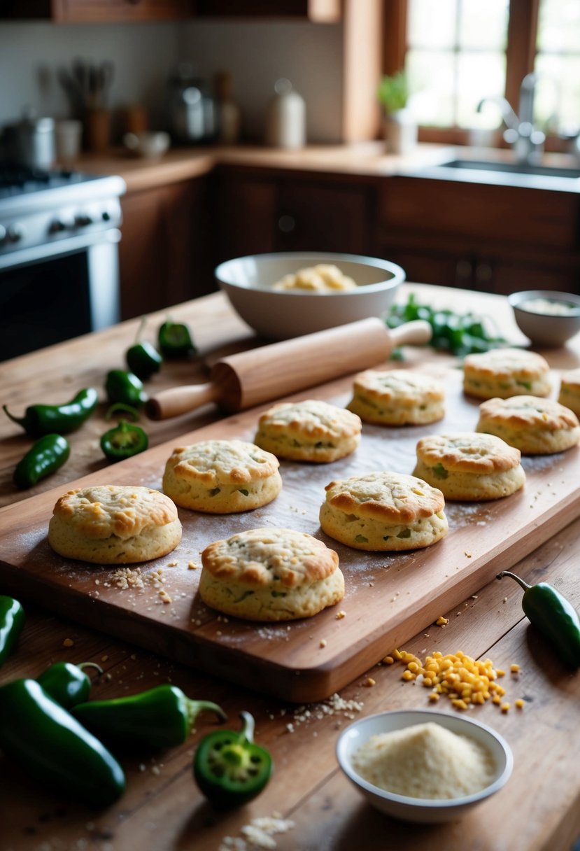 A rustic kitchen with a wooden table covered in freshly baked jalapeño biscuits, surrounded by scattered ingredients and a rolling pin