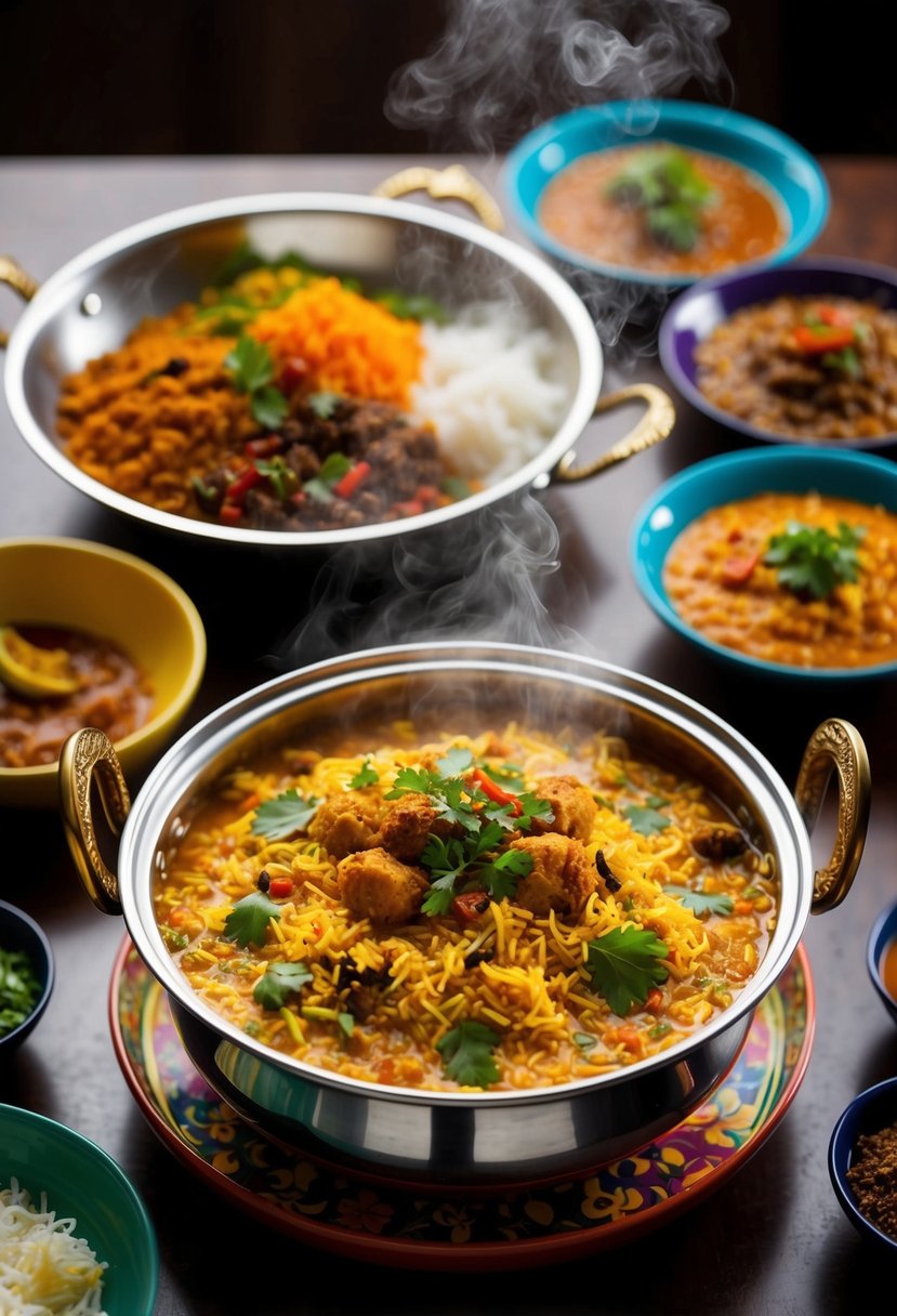 A steaming pot of fragrant biryani sits on a table, surrounded by colorful dishes of spicy condiments and garnishes. Rich aromas fill the air