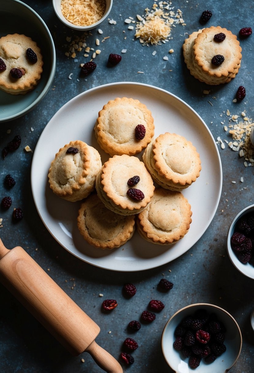 A rustic kitchen table with a plate of freshly baked cinnamon raisin biscuits, surrounded by scattered ingredients and a rolling pin