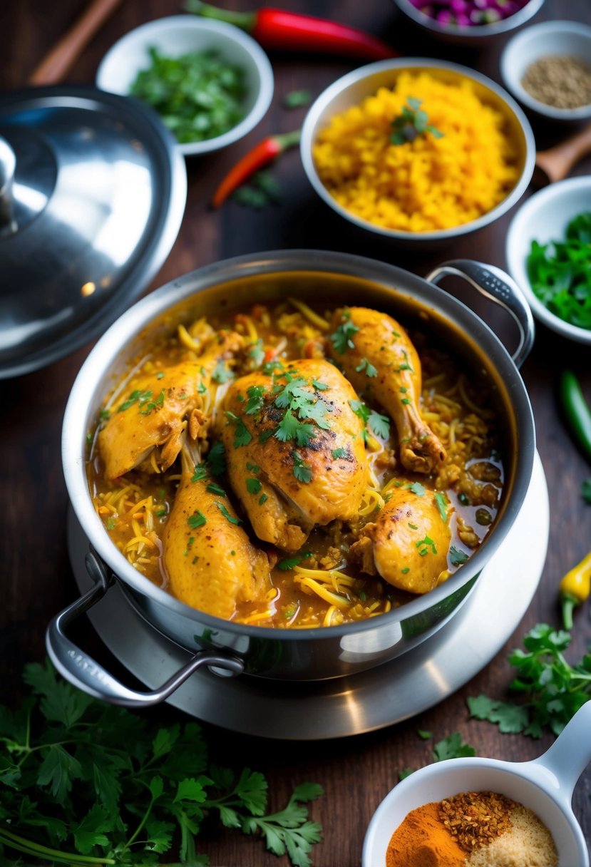 A steaming pot of Pakistani Chicken Biryani surrounded by colorful spices and herbs