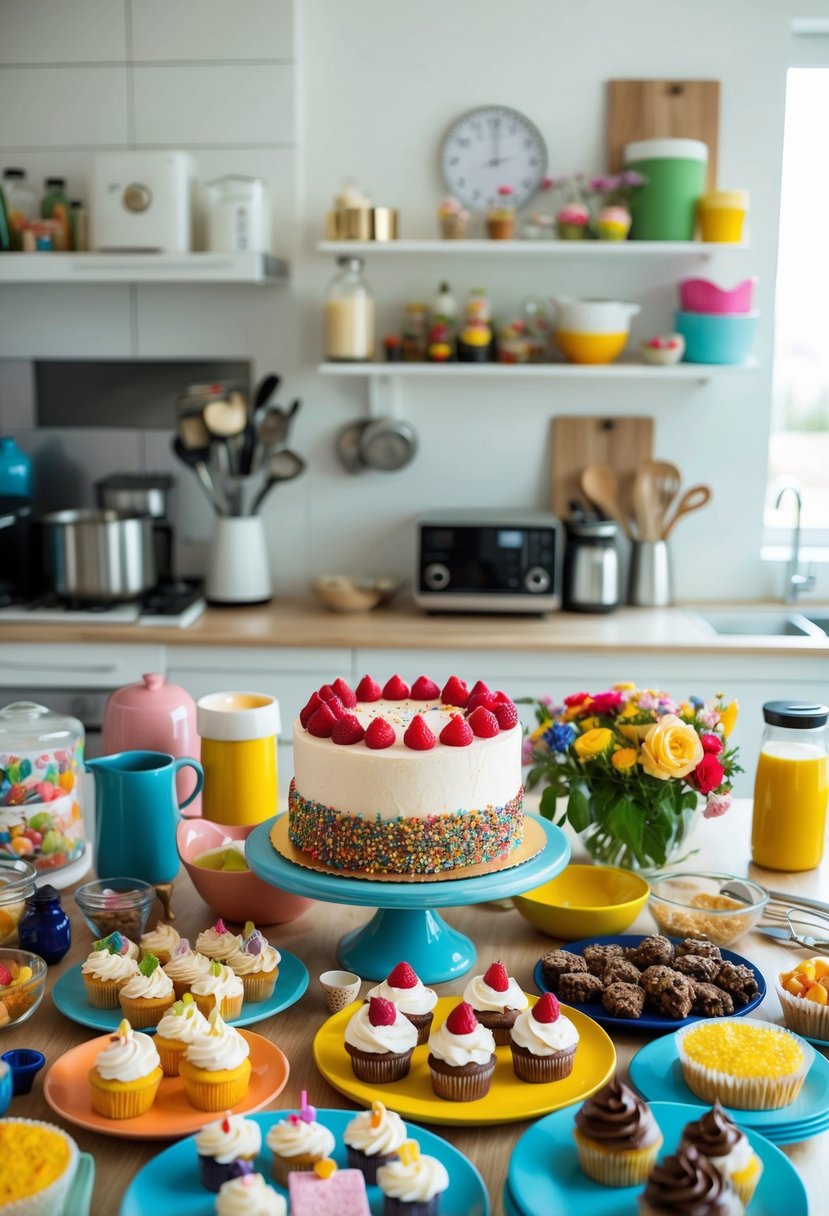 A colorful array of birthday recipes spread out on a kitchen counter, including a cake, cupcakes, and various ingredients and utensils