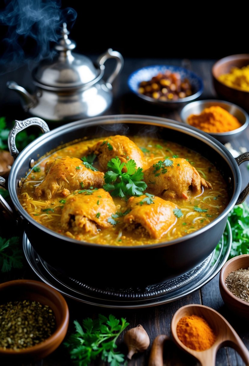 A steaming pot of Dum Pukht Chicken Biryani surrounded by aromatic spices and herbs