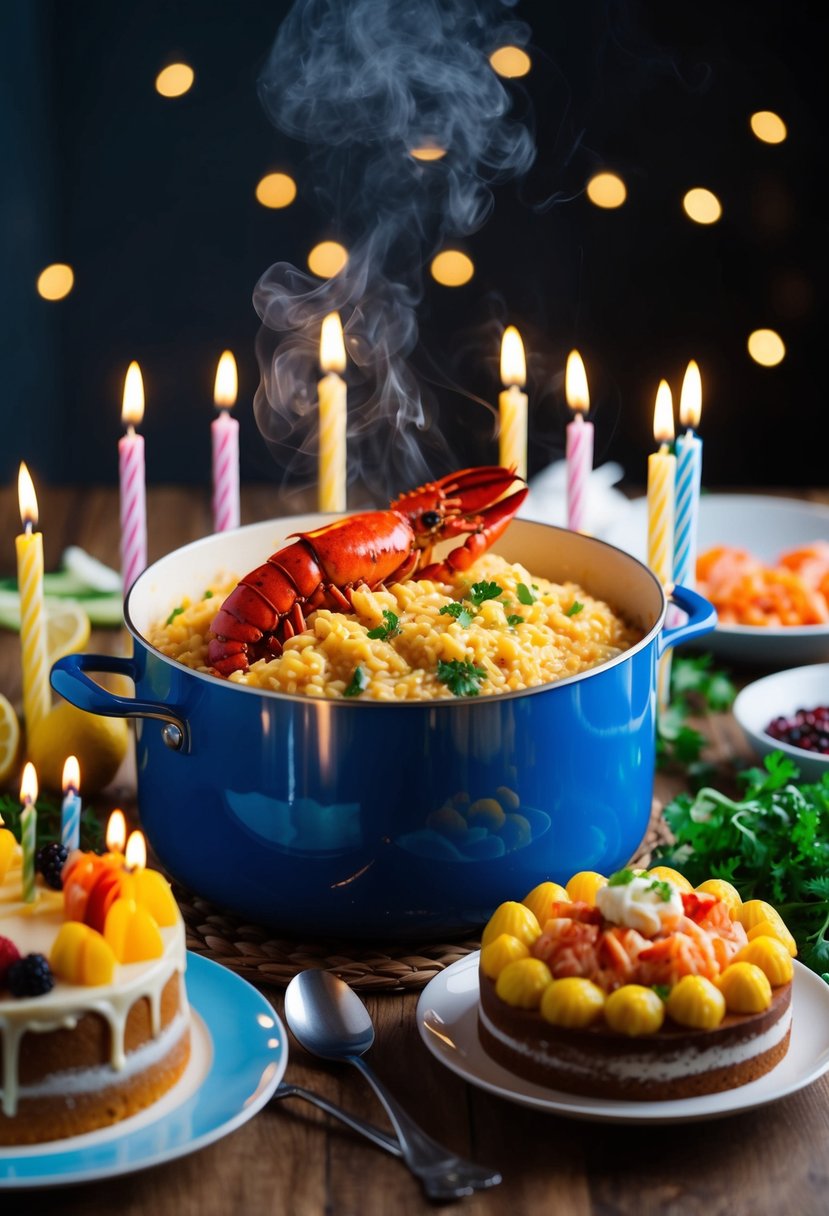 A steaming pot of lobster risotto surrounded by fresh ingredients and a birthday cake with lit candles