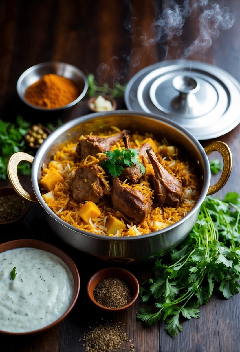 A steaming pot of Awadhi Mutton Biryani surrounded by aromatic spices and herbs, with a side of cooling raita