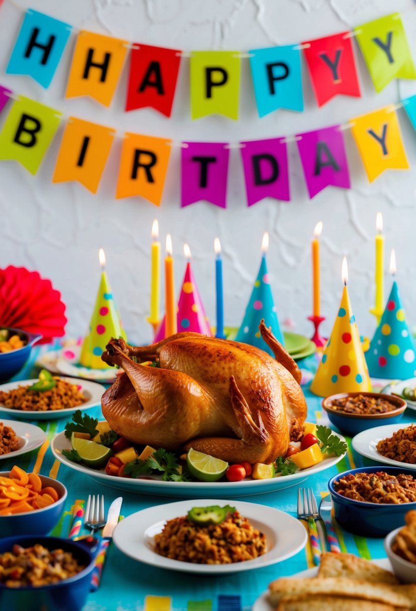 A festive table with a roasted chicken surrounded by colorful birthday decorations and a spread of Chipotle-inspired dishes