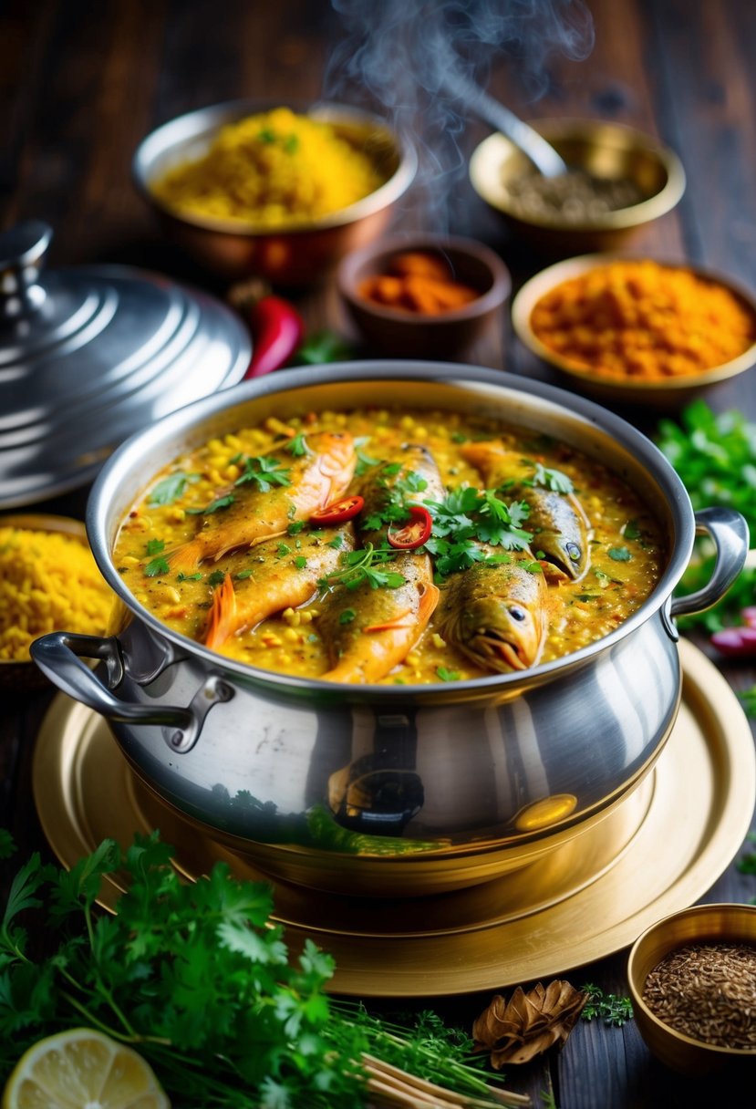 A steaming pot of Malabar Fish Biryani surrounded by vibrant spices and aromatic herbs