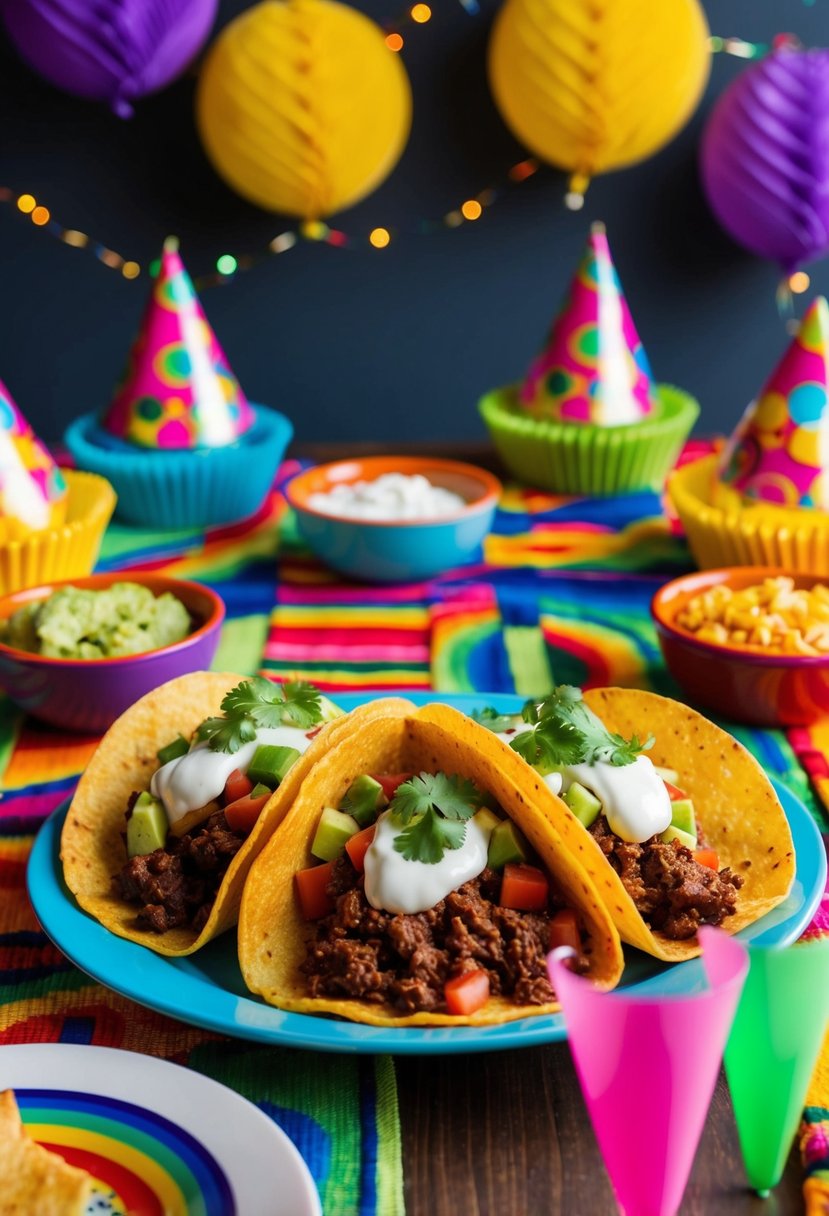 A table set with colorful Carne Deshebrada Tacos, surrounded by festive birthday decorations