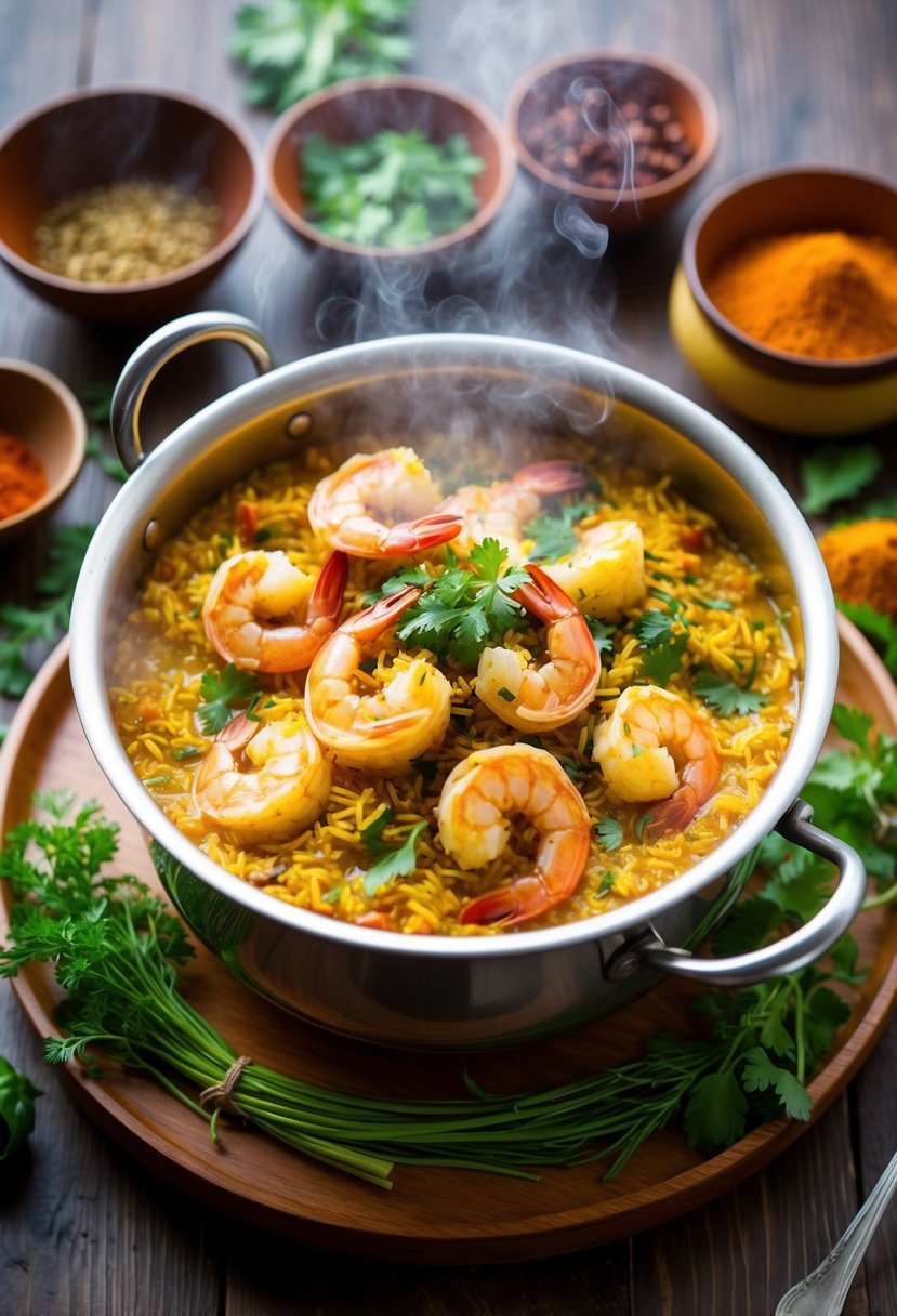 A steaming pot of Shrimp Biryani sits on a wooden table, surrounded by vibrant spices and herbs. A tantalizing aroma fills the air