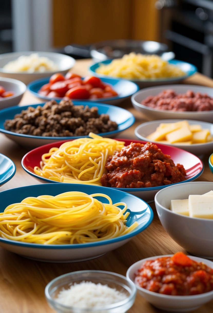 A table set with a colorful array of ingredients: pasta, cheese, ground beef, and tomato sauce, ready to be assembled into a delicious Million Dollar Spaghetti dish