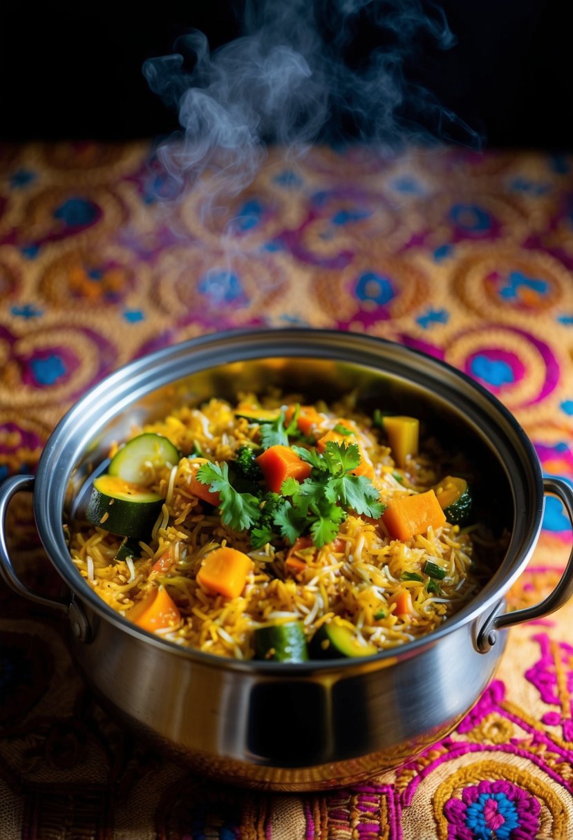 A steaming pot of vegetable biryani, filled with colorful vegetables and fragrant spices, sits atop a patterned tablecloth