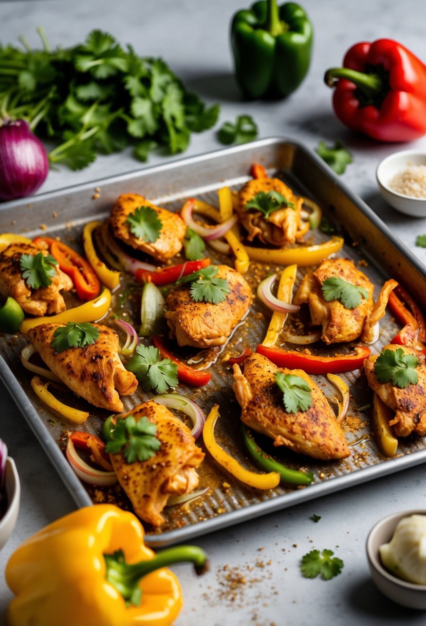 A sheet pan filled with sizzling chicken fajitas, surrounded by colorful bell peppers and onions, fresh cilantro, and a sprinkle of seasoning