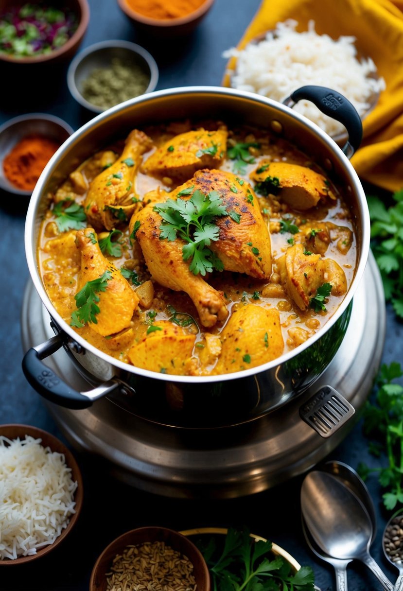 A steaming pot of Kerala Chicken Biryani surrounded by vibrant spices and fresh herbs