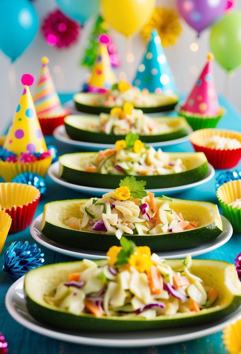 A table set with zucchini boats filled with colorful slaw, surrounded by festive birthday decorations