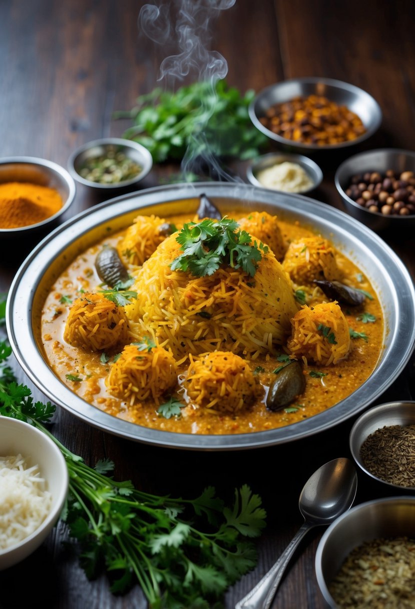 A steaming plate of Kolkata biryani surrounded by fragrant spices and herbs