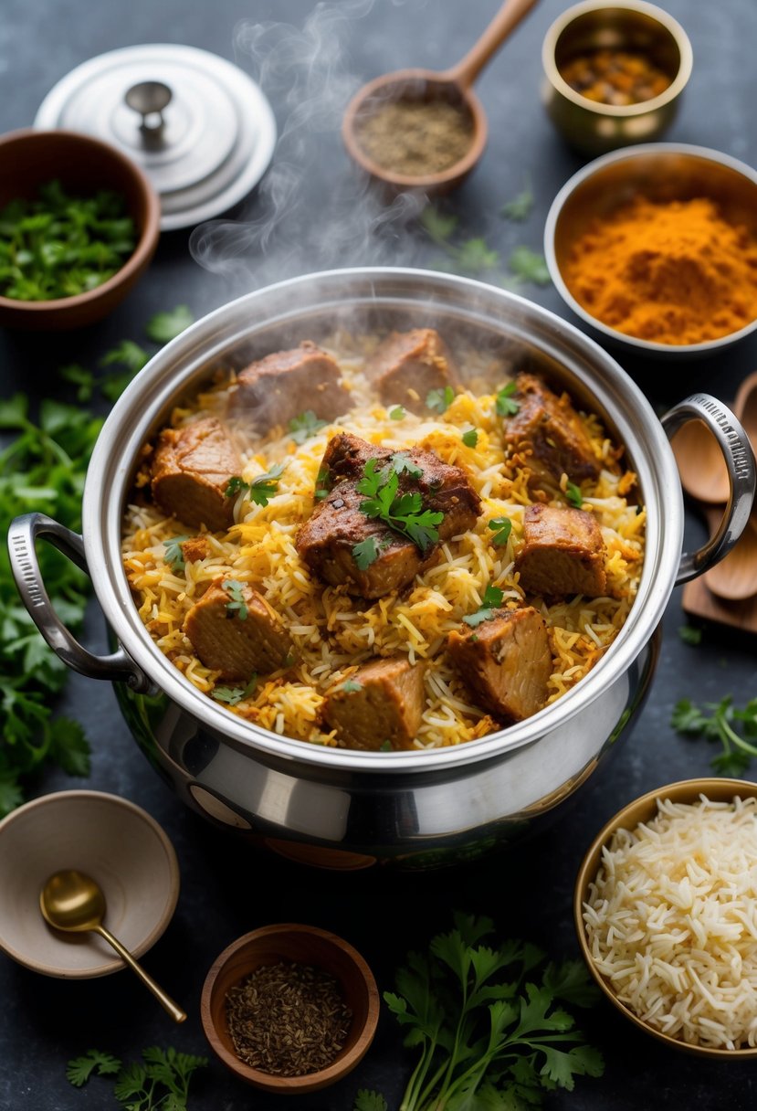 A steaming pot of Lucknowi Biryani surrounded by fragrant spices and herbs, with tender pieces of meat and long-grain basmati rice layered beautifully