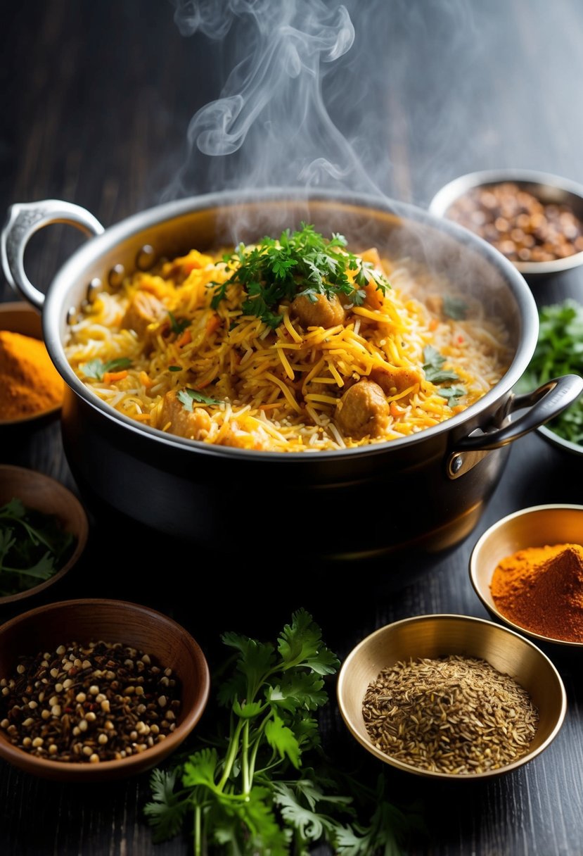 A steaming pot of Hyderabadi Biryani surrounded by aromatic spices and fresh herbs