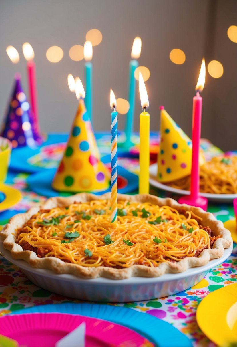 A table set with a colorful Spaghetti Pie, surrounded by birthday decorations and a lit candle