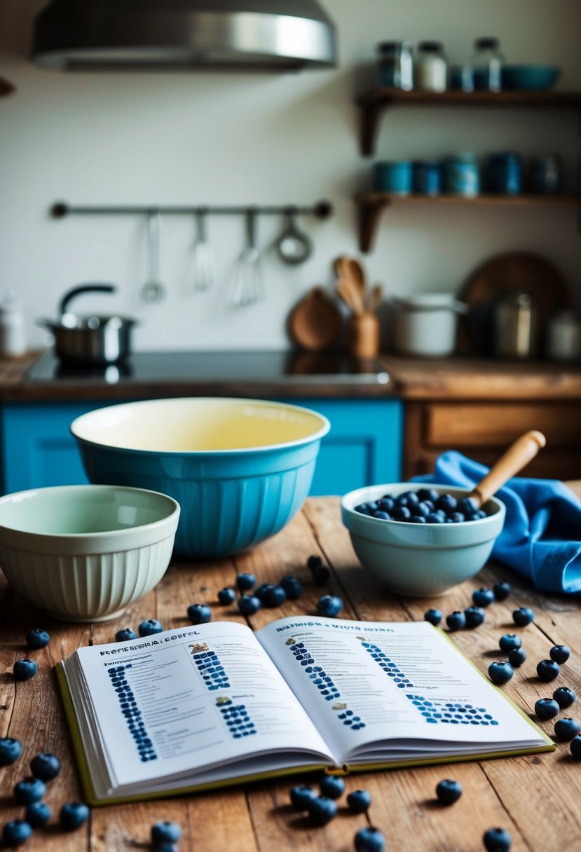 A rustic kitchen counter with scattered blueberries, a mixing bowl, and a recipe book open to a page of blueberry recipes