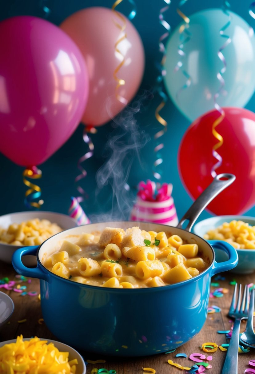 A steaming pot of gnocchi mac and cheese surrounded by birthday balloons and confetti