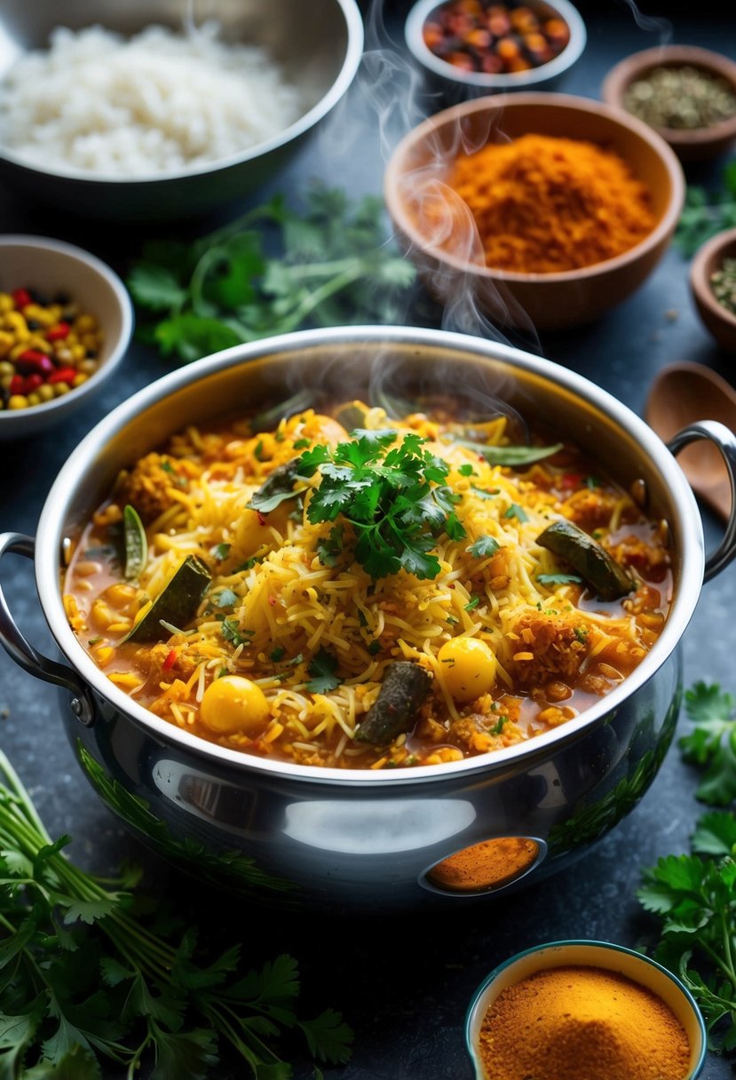 A steaming pot of Bohri Biryani surrounded by colorful spices and fresh herbs