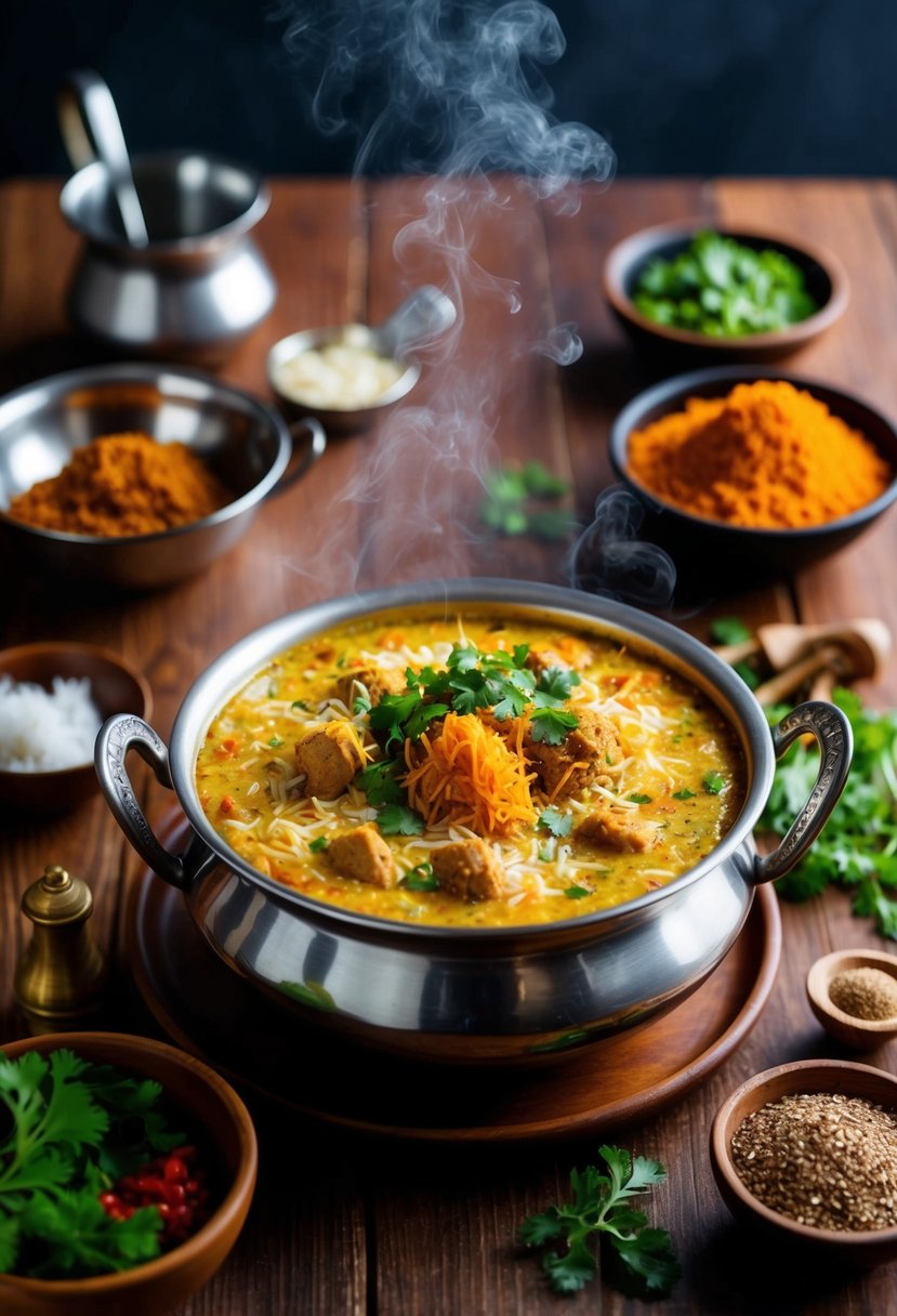 A steaming pot of Bombay Biryani surrounded by aromatic spices and fresh ingredients on a wooden table