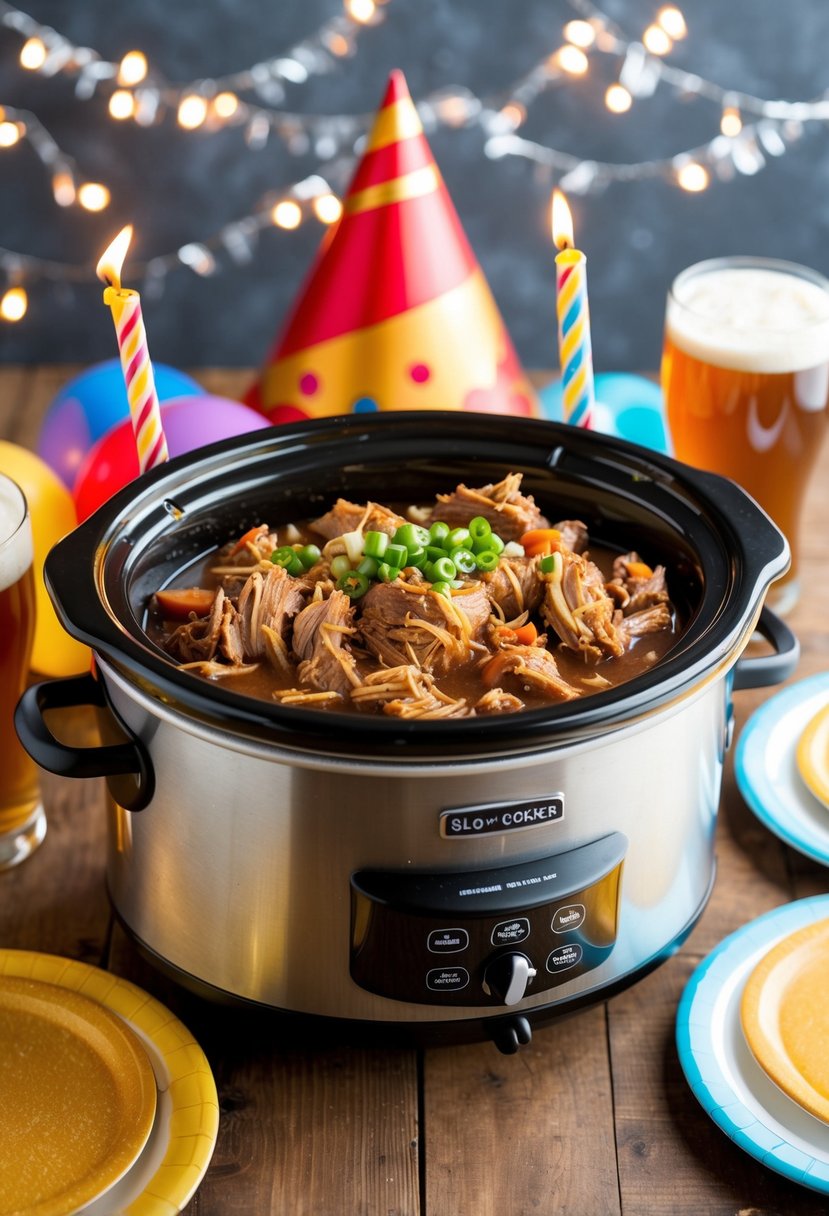 A slow cooker filled with root beer pulled pork surrounded by birthday decorations and plates