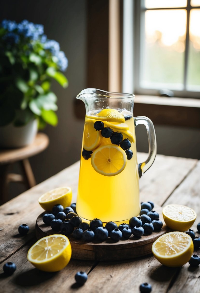 A pitcher of blueberry lemonade sits on a rustic wooden table, surrounded by fresh blueberries and sliced lemons. Sunlight filters through a nearby window, casting a warm glow on the scene