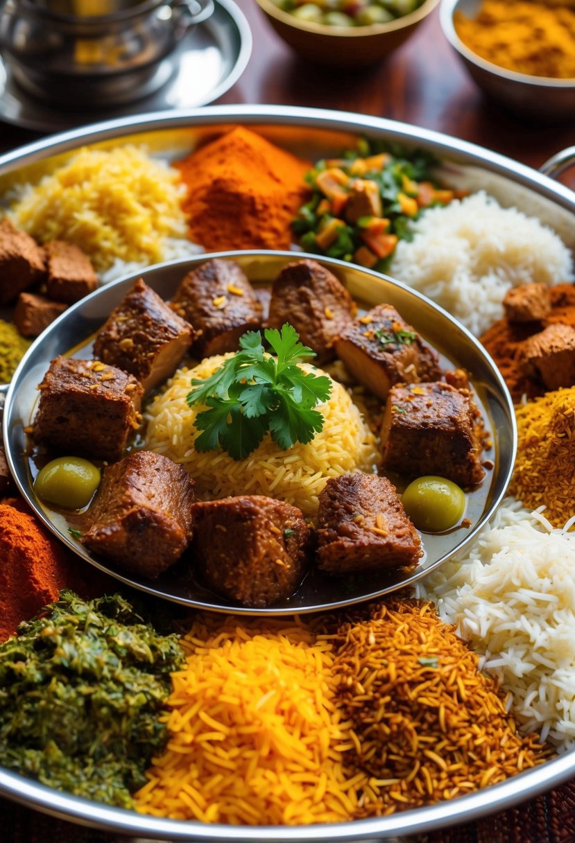 A colorful array of spices, rice, and meat arranged on a traditional Sindhi Biryani platter