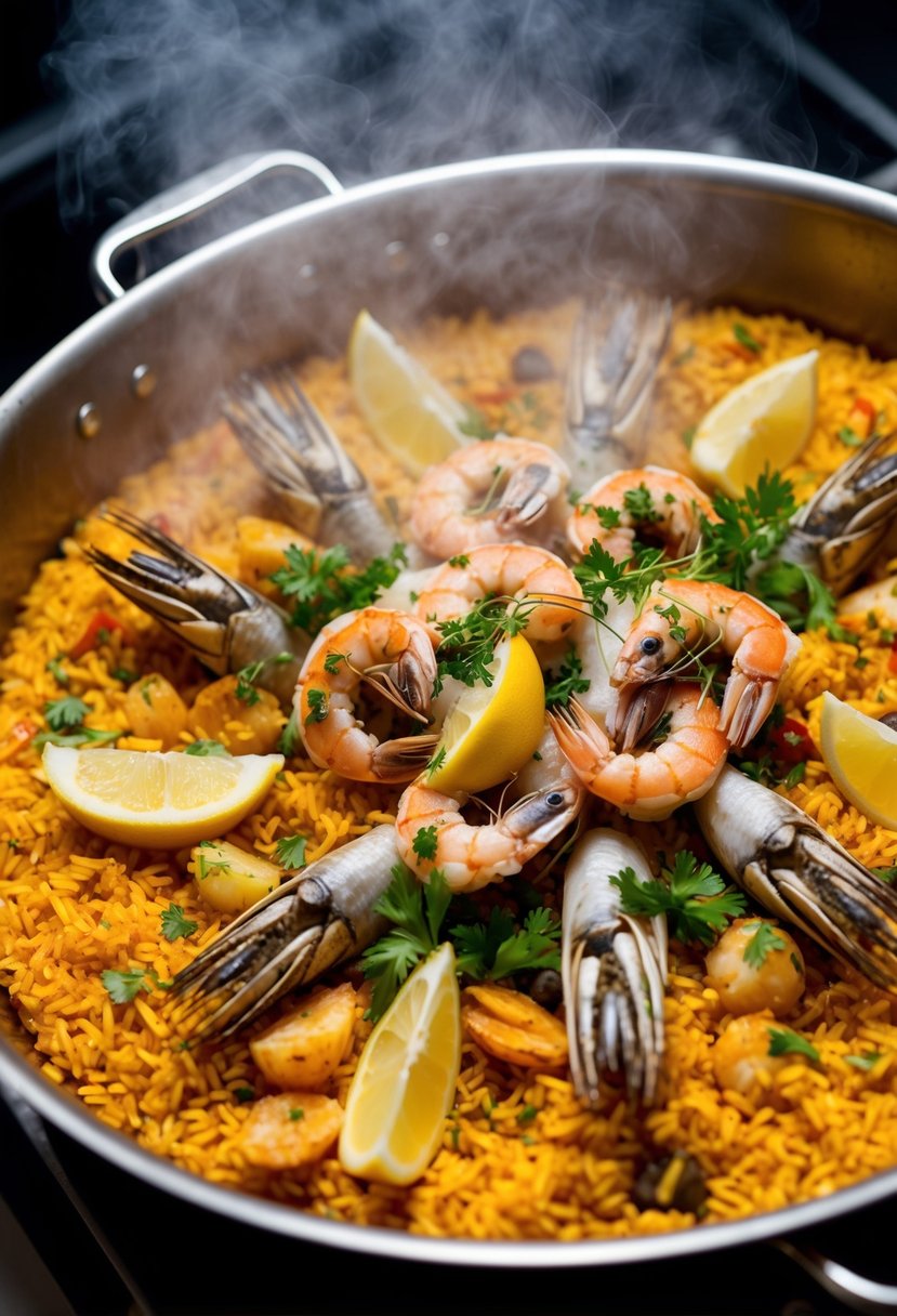 A steaming paella dish filled with assorted seafood, nestled in a bed of saffron-infused rice, garnished with fresh herbs and lemon wedges