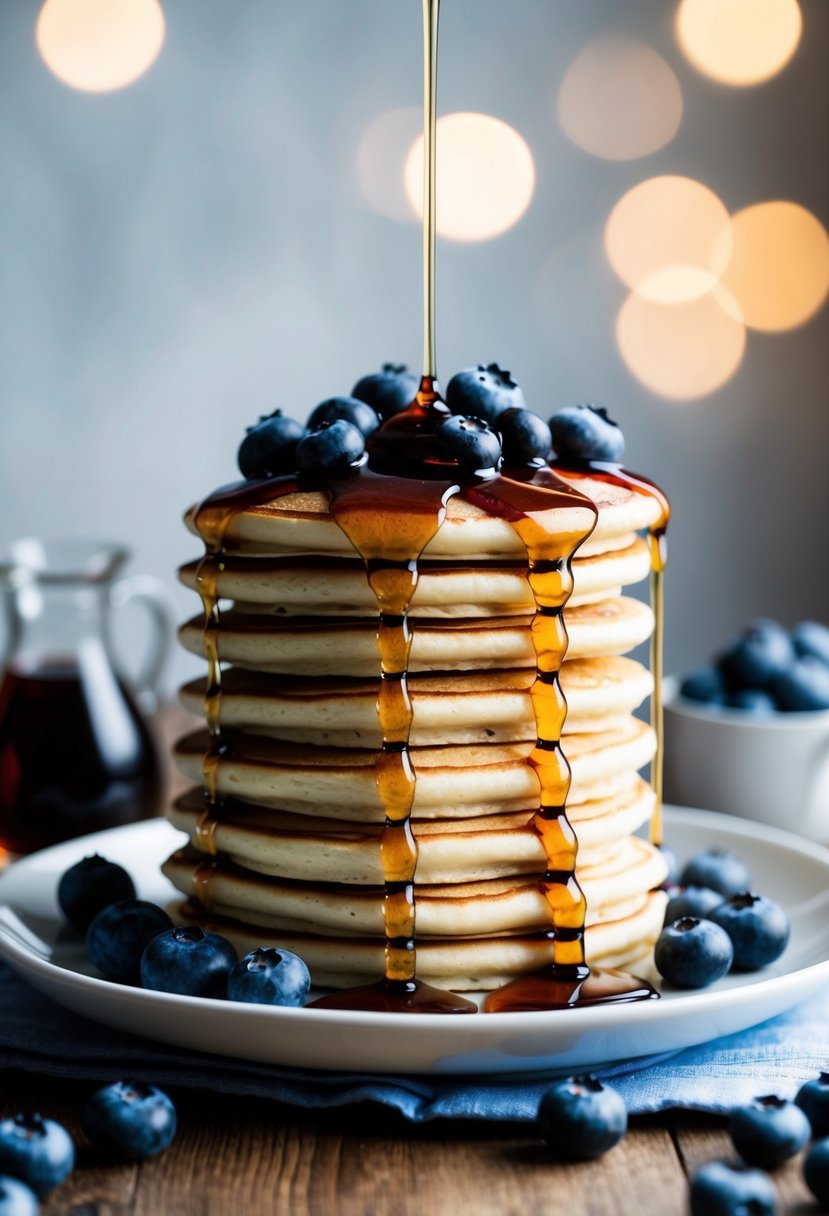 A stack of blueberry pancakes drizzled with maple syrup on a plate, surrounded by fresh blueberries and a small jug of syrup