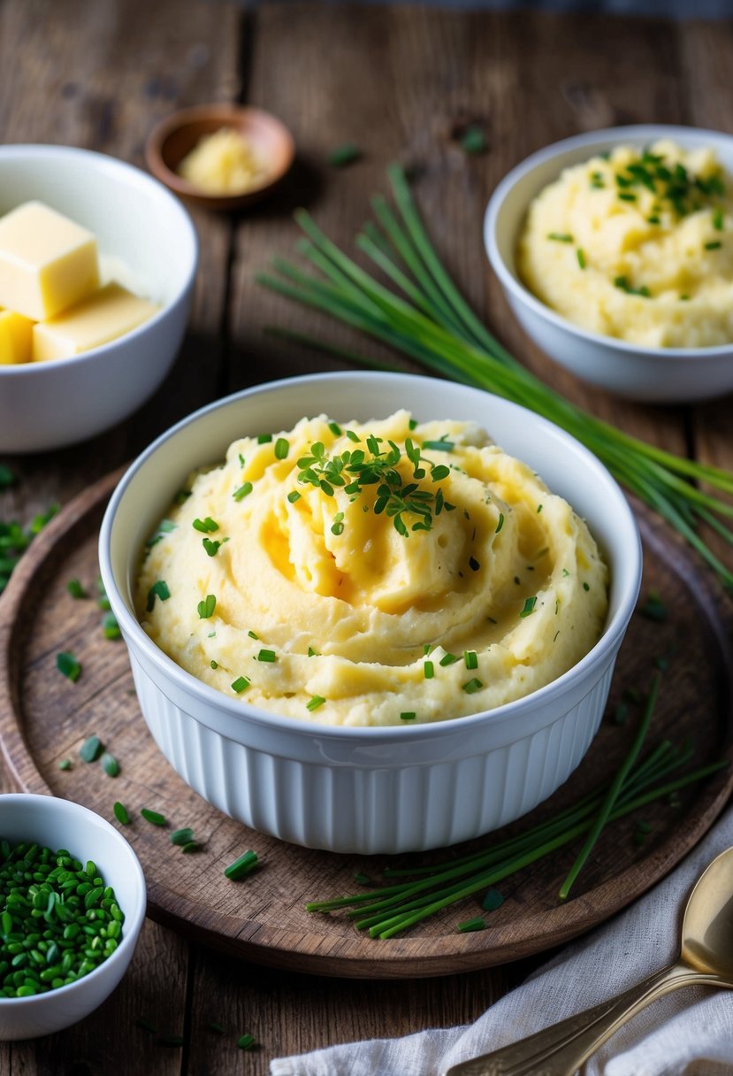 A rustic wooden table set with a steaming bowl of Irish mashed potatoes, surrounded by ingredients like butter, cream, and chives