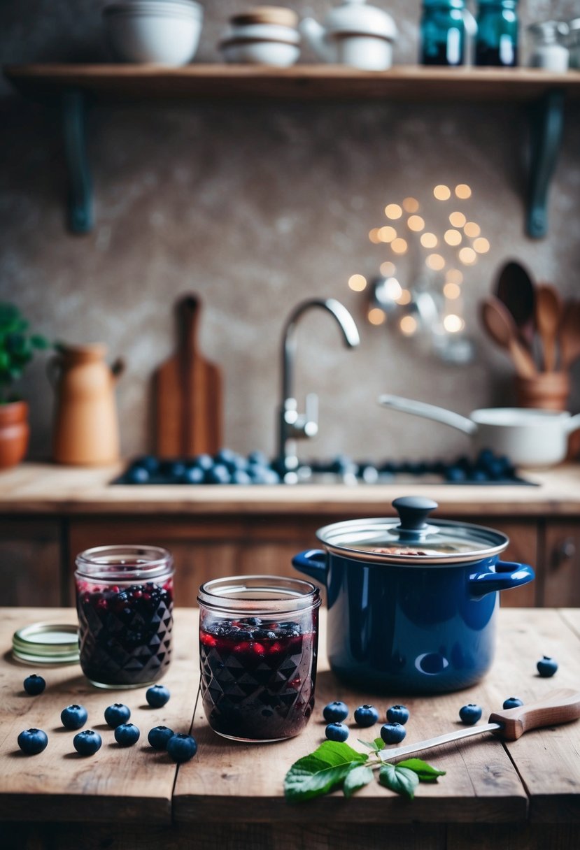 A rustic kitchen counter with fresh blueberries, jars, and a pot bubbling with homemade blueberry jam